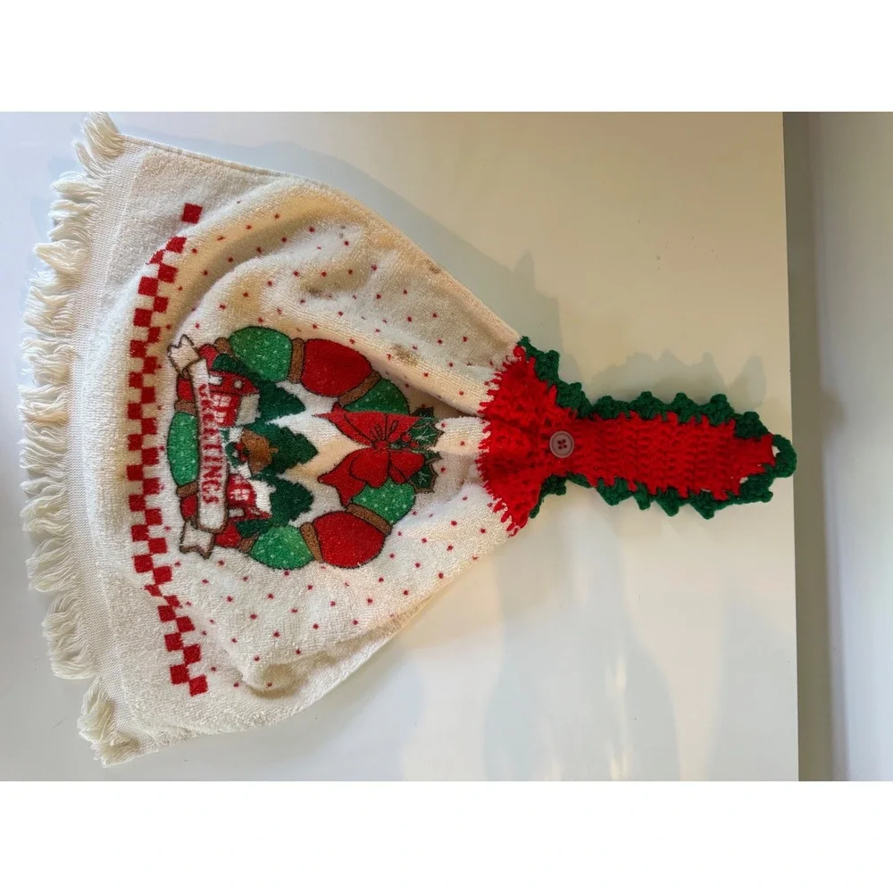 Vintage Christmas Hand Towel Set 3pc Kmart North Pole Poinsettia Crochet Hanging